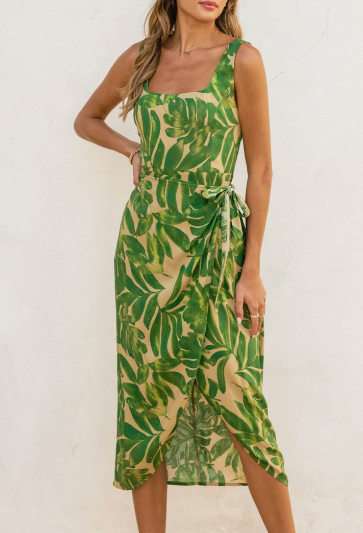 Tan Green Leaf Dress Women